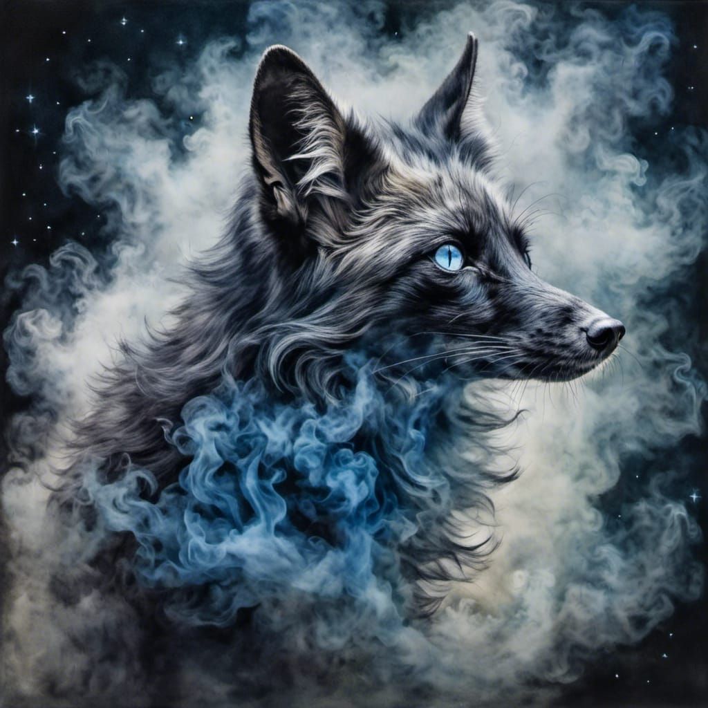 Smoky Fox with Blue Eyes in Starry Night