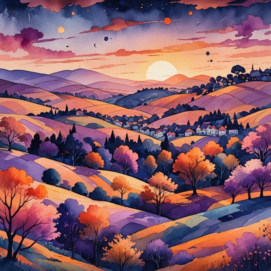 Summerscape Sunset in Digital Watercolor Illustration