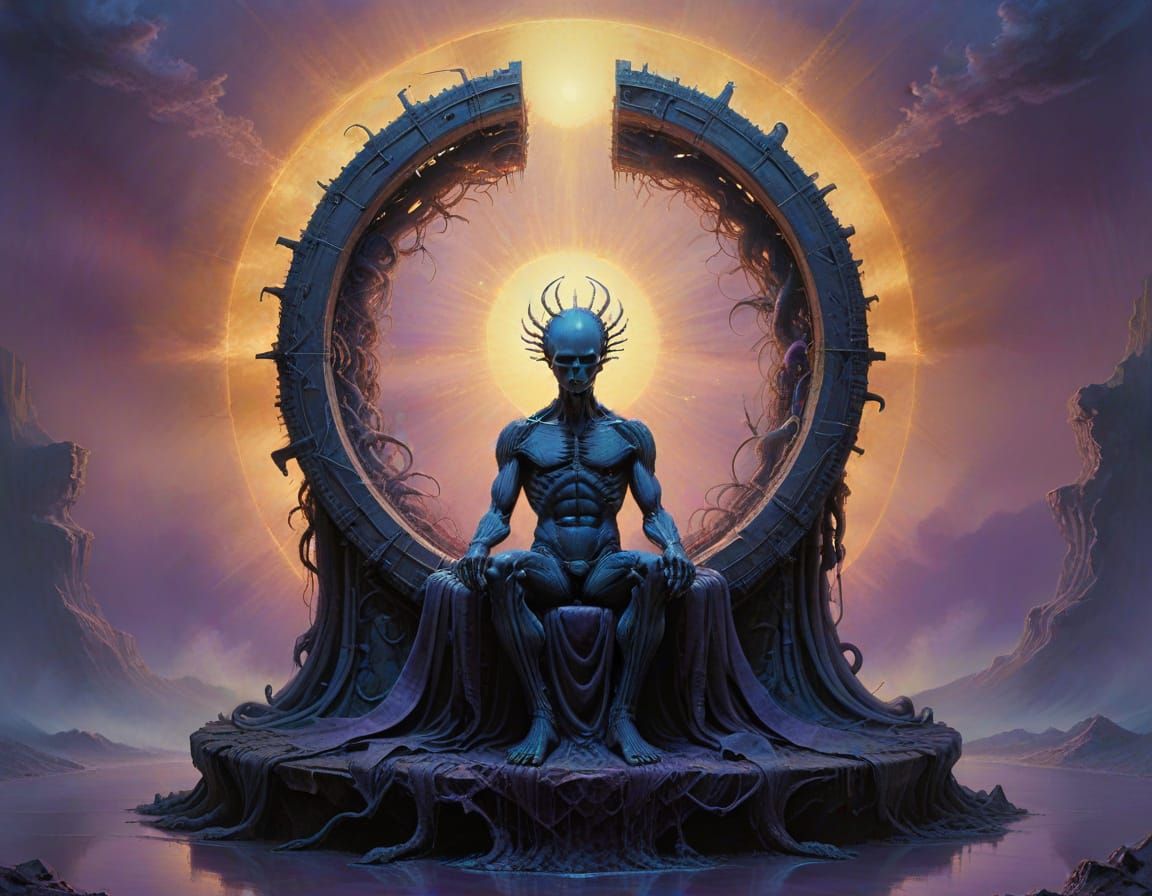 Biomechanical Alien Sect Leader in Ethereal Landscape