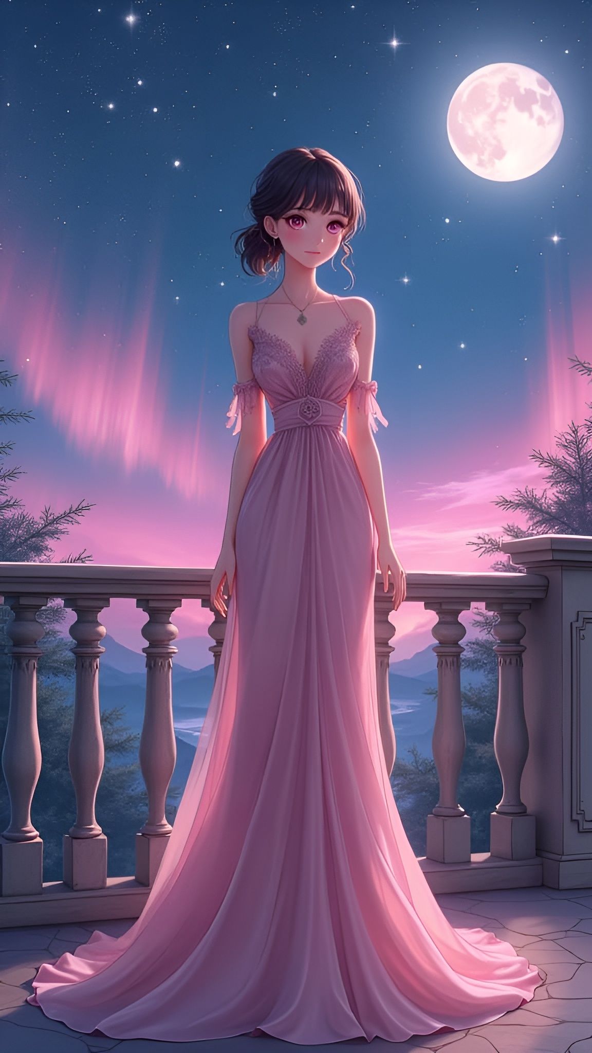 Elegant Anime Woman Under Pink Northern Lights