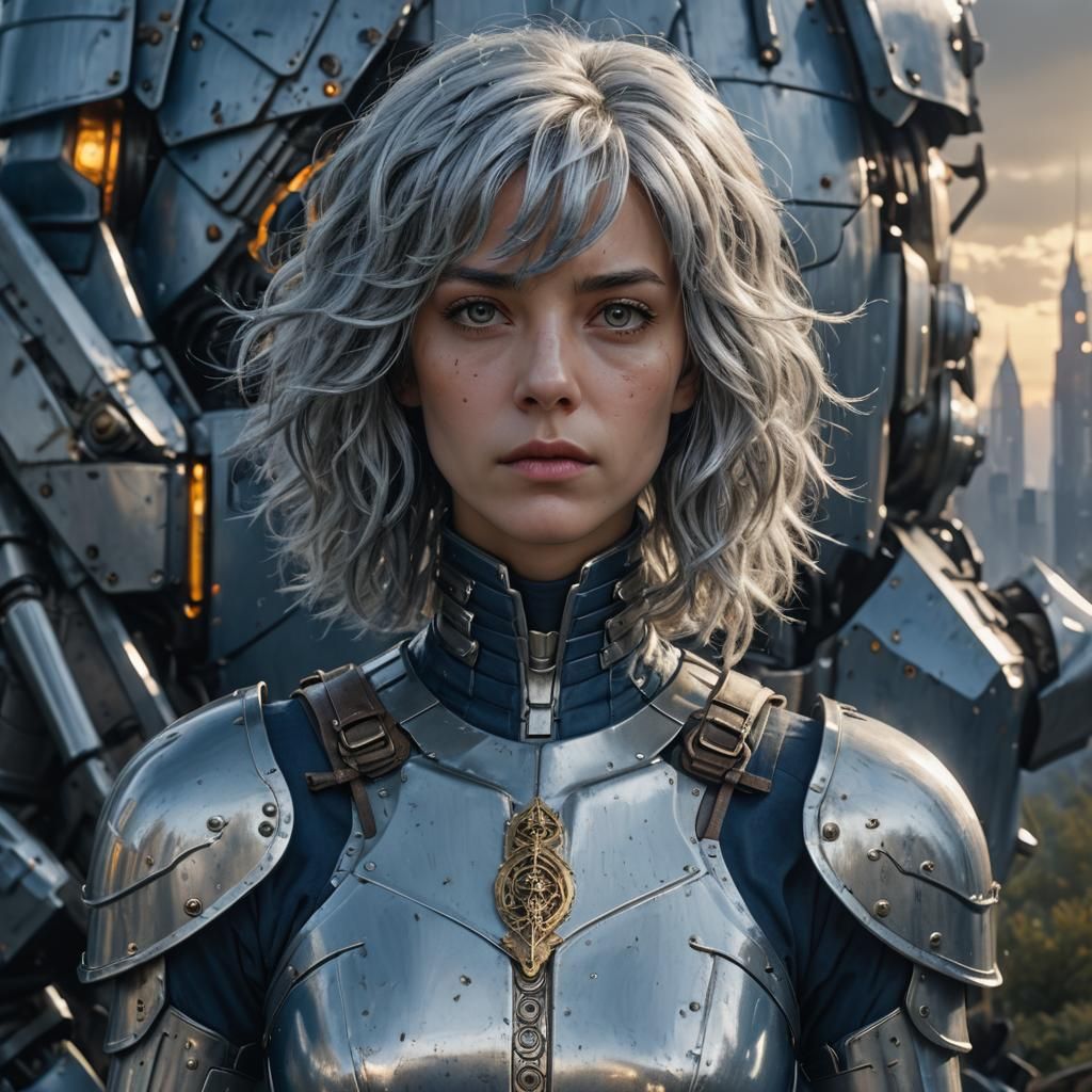 Silver Armor with Metallic Wig, Detailed Matte Painting