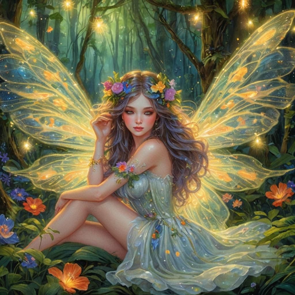 Beautiful Fairy in Fantastical Forest with Fireflies