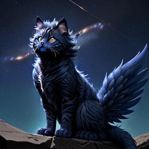 This creature is a majestic being that guards the night sky. Its body resembles a giant, winged cat with fur that shimme...