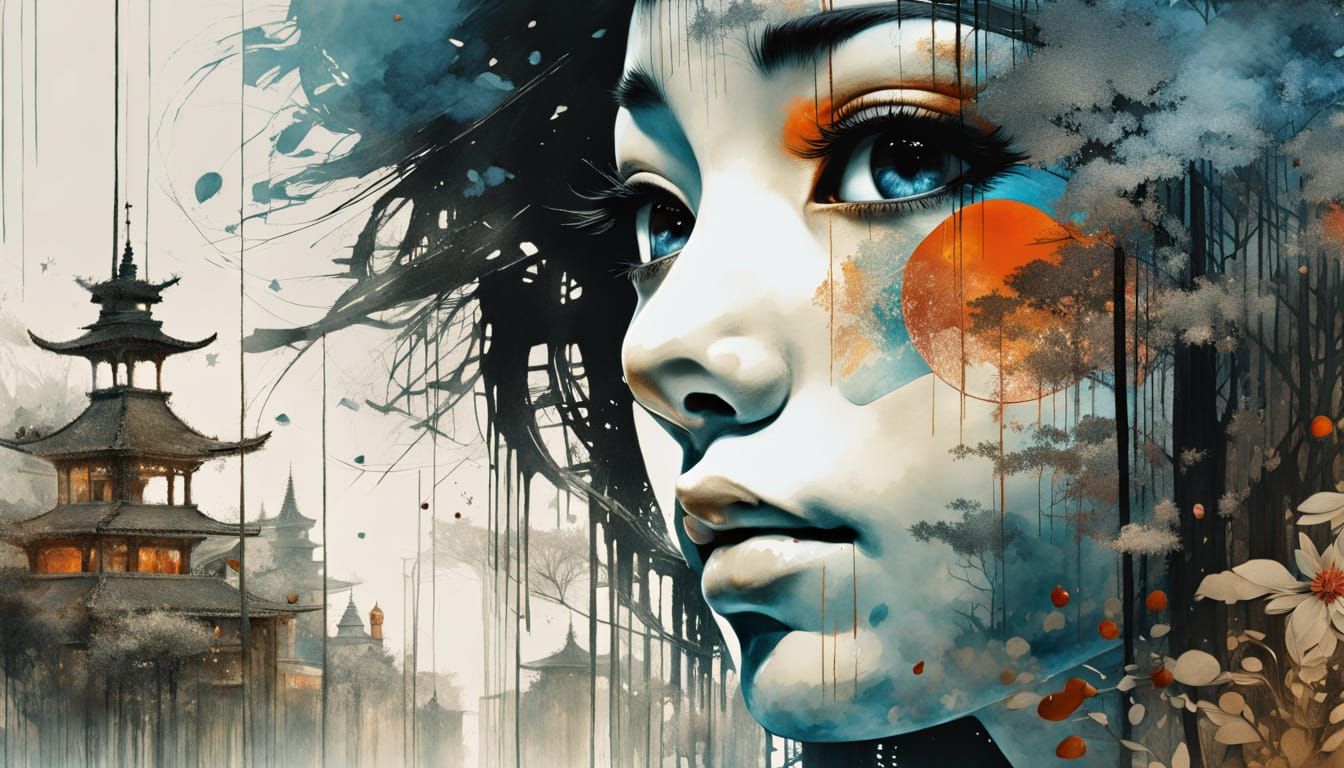 Cosmic Hair Man Gazes at Sun in Surreal Forest