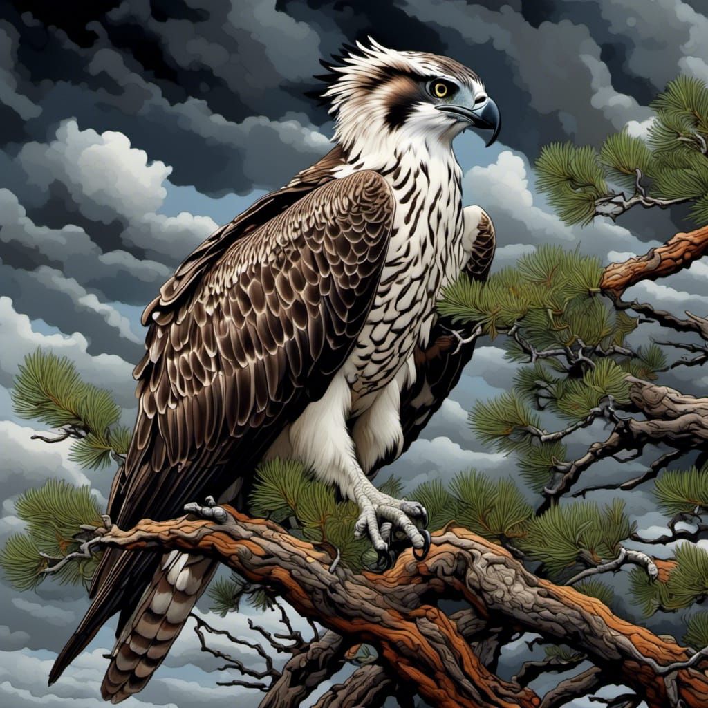 Osprey perched in a gnarly pine tree