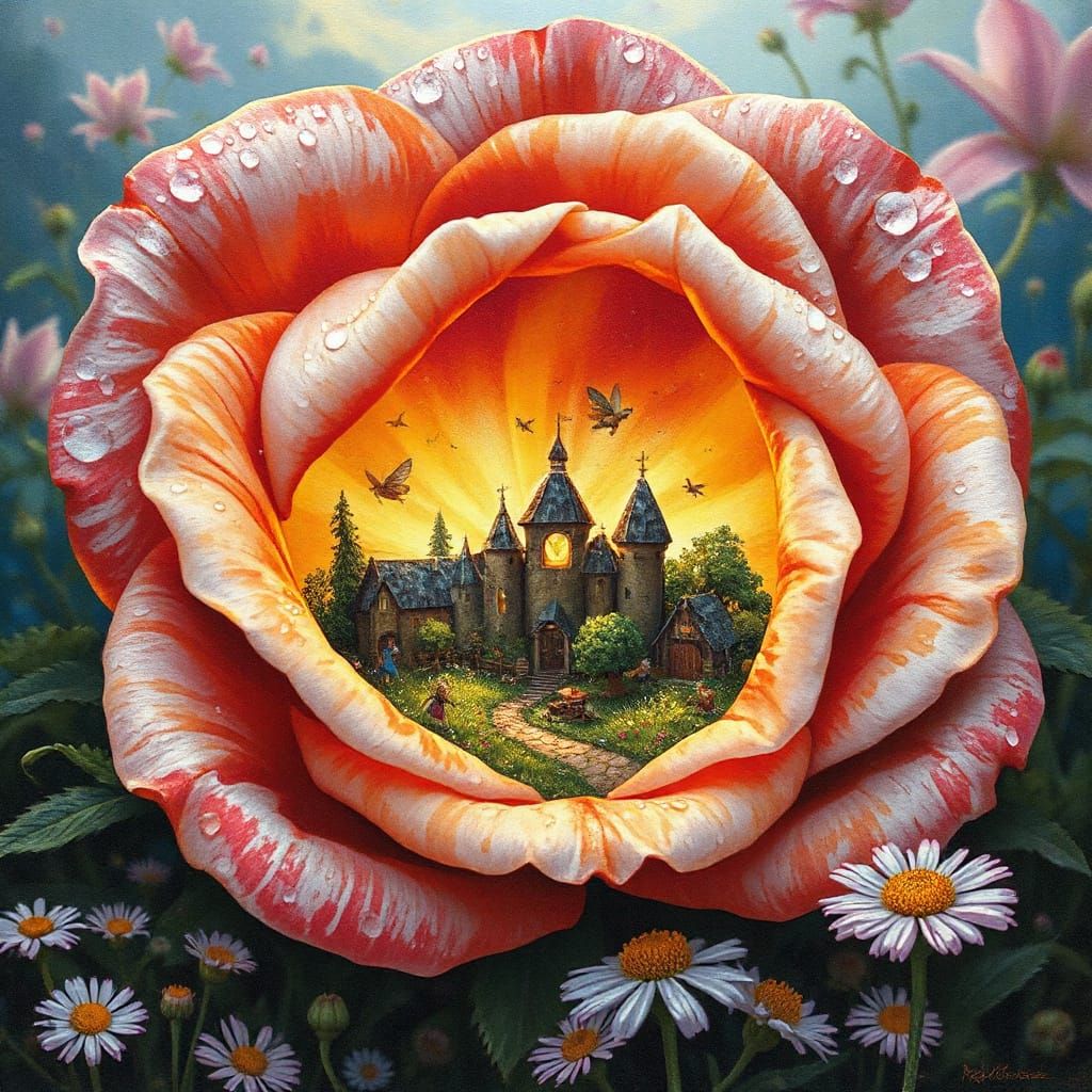 Fairy Village Inside Rose, in Impressionistic Gouache Style