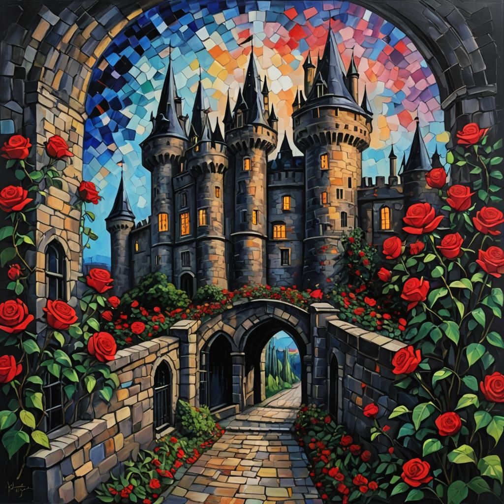 Black Castle with Roses: Neo-Impressionist Oil Painting