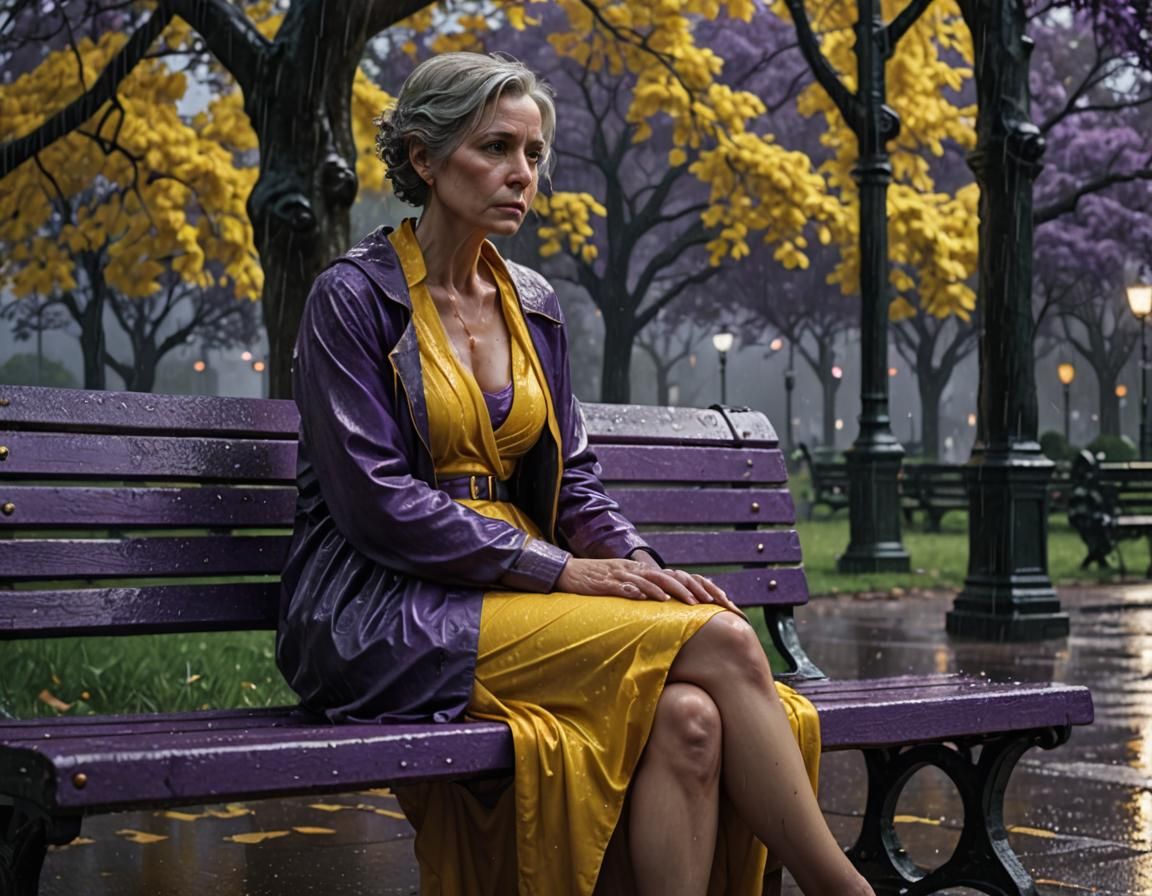Sad Woman in Rainy Park: Dark Fantasy Art