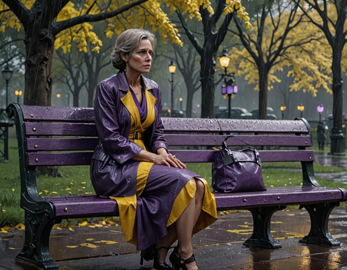 Sad Woman in Rainy Park: Dark Fantasy Art