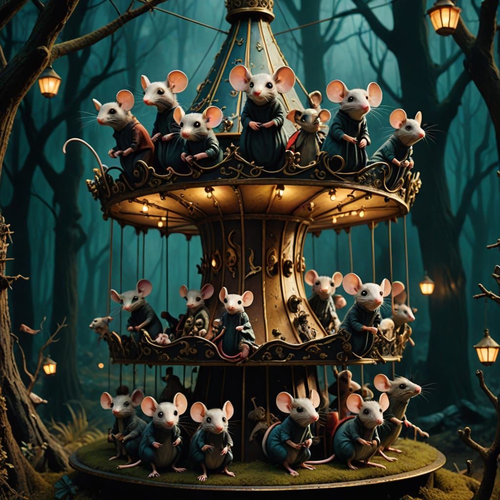 Grotesque Mice on Carousel in Eerie Forest