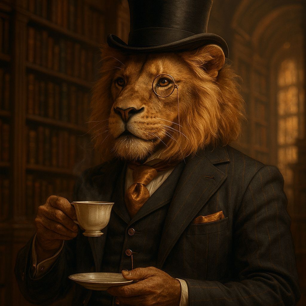 Anthropomorphic Lion Sipping Tea in Library: Digital Paintin...