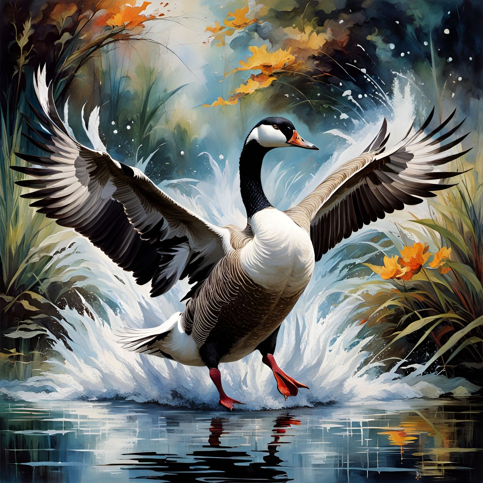Majestic Goose Landing: An Epic Fantasy Painting
