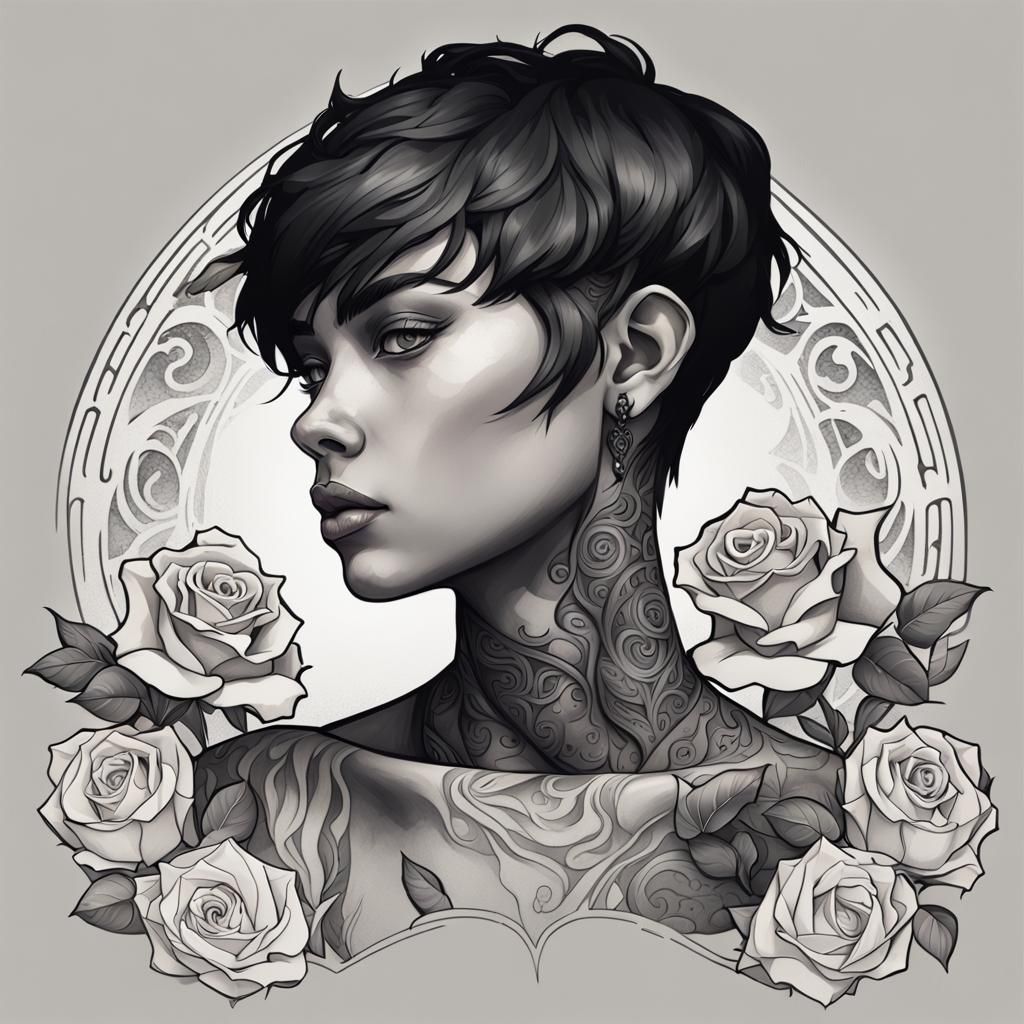 Girl with Rose Tattoo: Art Nouveau Digital Portrait