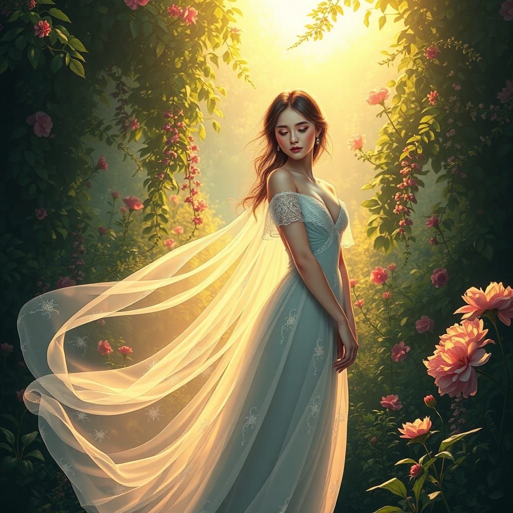 Ethereal Woman in Garden, Dreamy Romantic Style