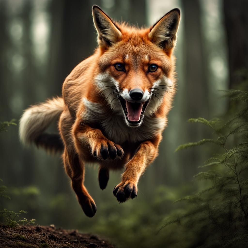 Fox Jumping Over Dog in Hyperrealistic Style
