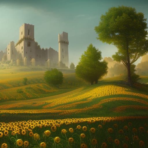 Sunflower Field with Castle: Fantasy Concept Art