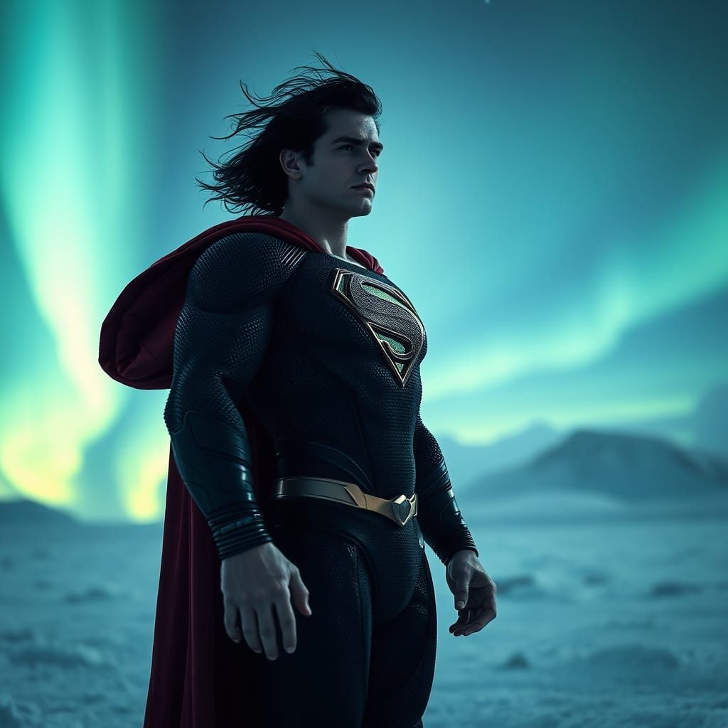 Superman in the Arctic, Hyperrealistic Aurora Borealis