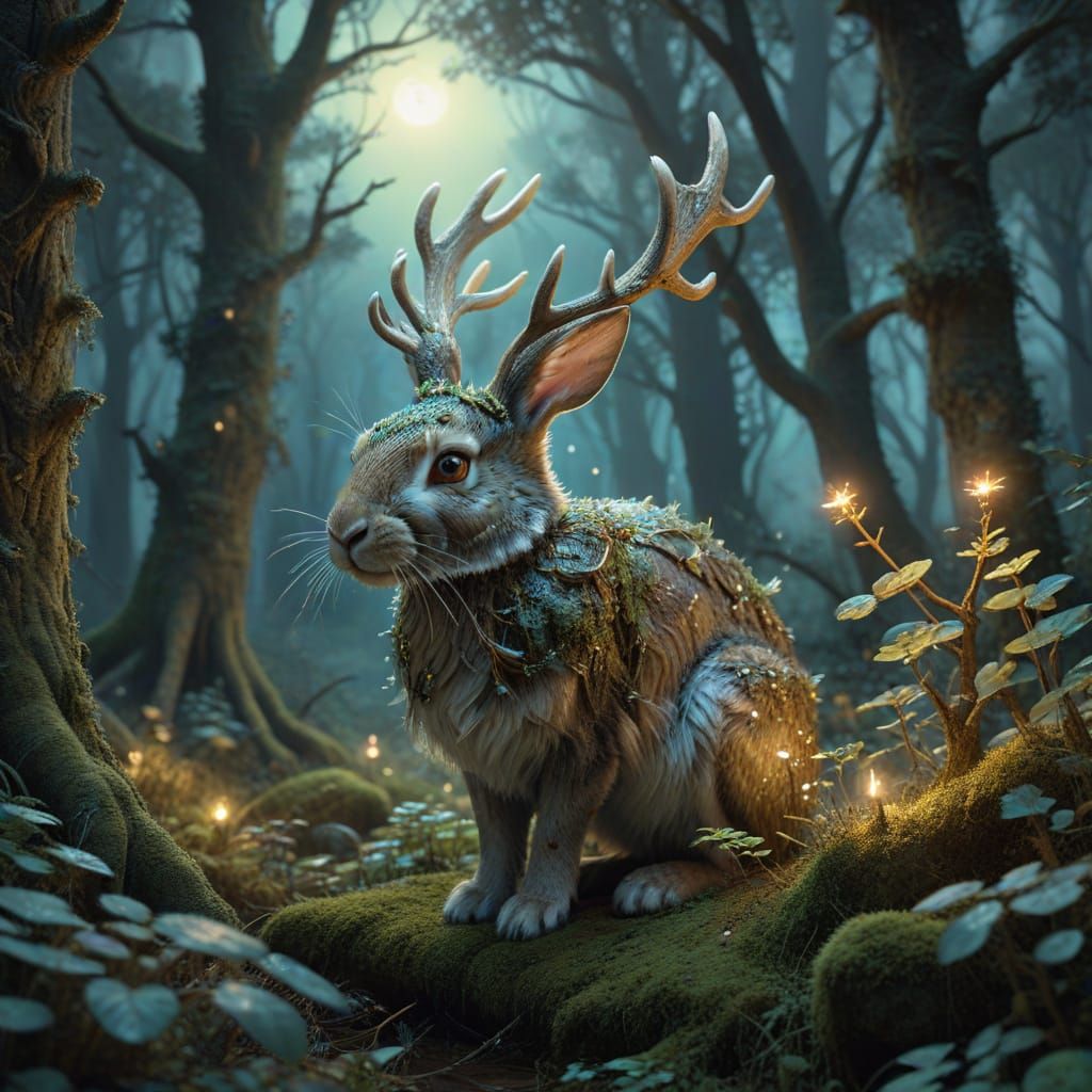 Mystical Antlered Rabbit in Enchanted Forest