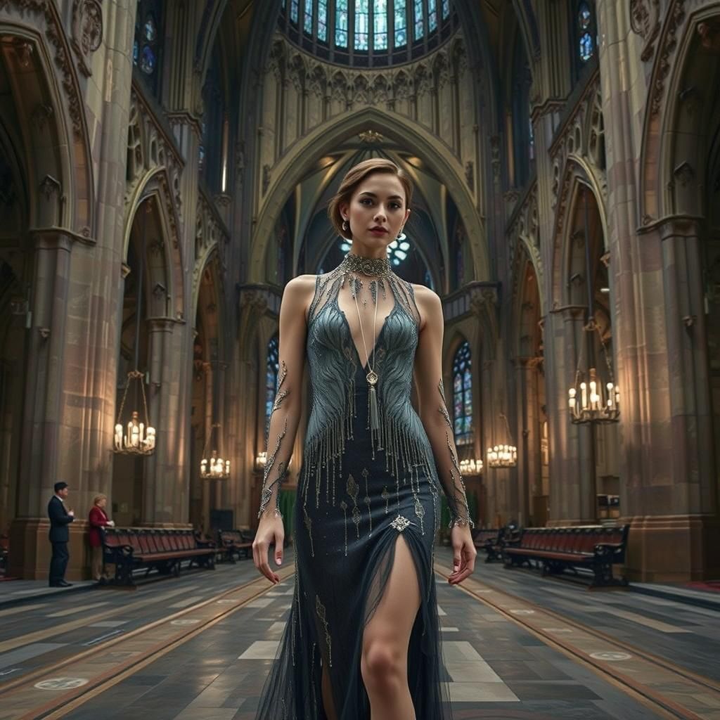 Art Deco Model in Gothic Cathedral, Dark Fantasy