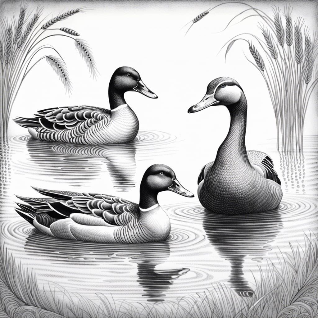 Ducks and Goose: Hyperrealistic Black Pencil Sketch