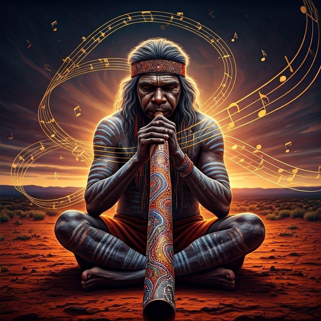 Aboriginal Musician Plays Didgeridoo in Outback: Hyperrealis...