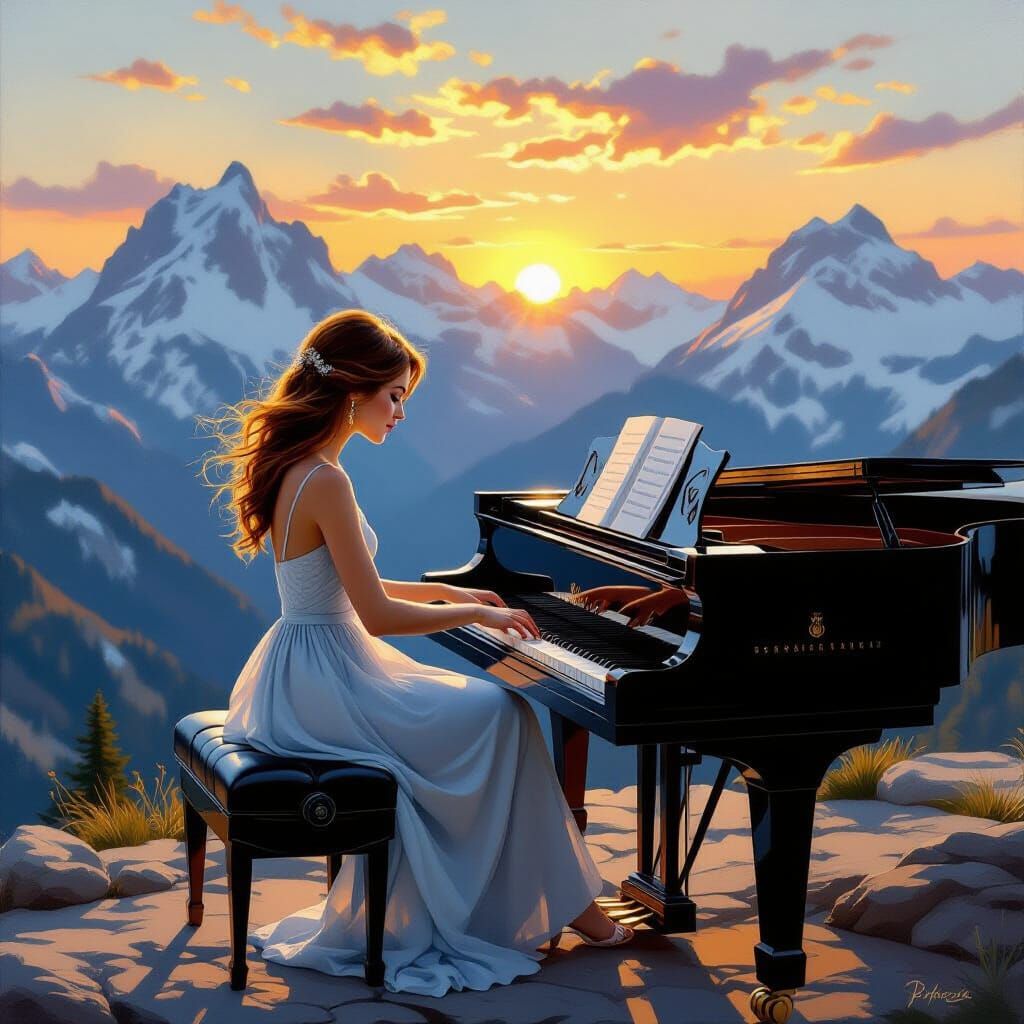 Woman Plays Piano on Mountain Ledge at Sunset