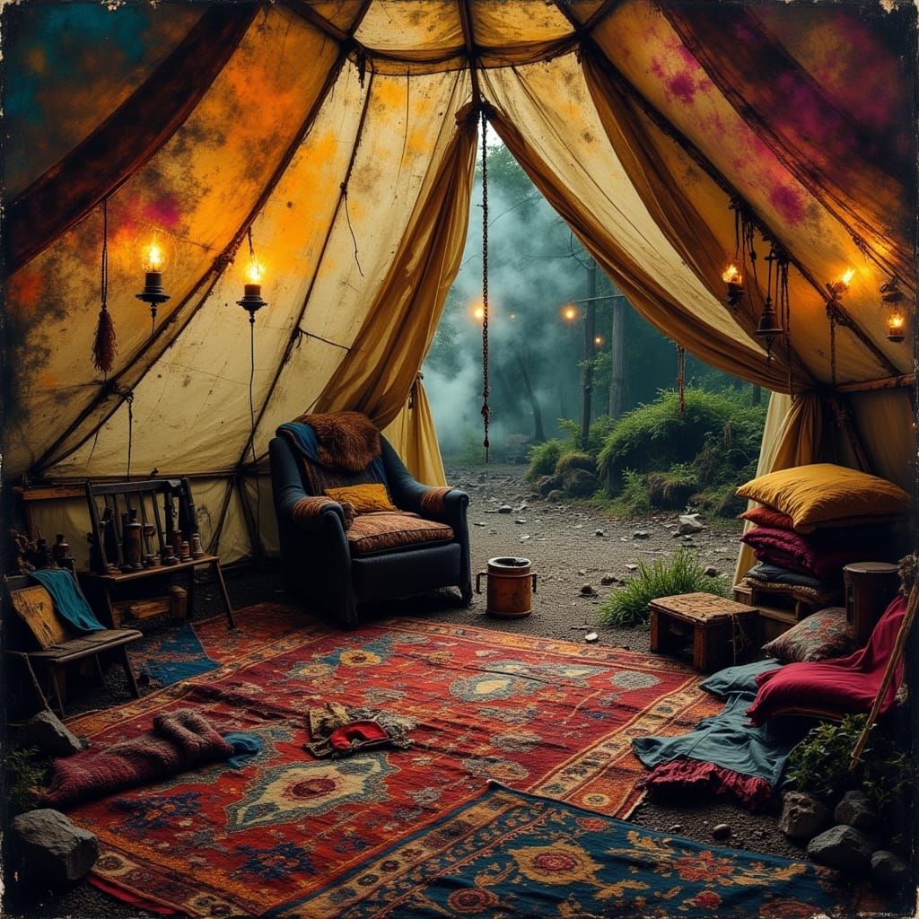 Gypsy Gothic Boho Tent Interior With Warm Lantern Glow