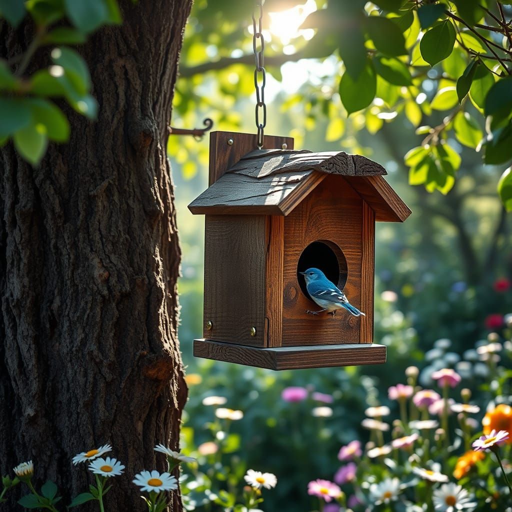 Detailed Birdhouse in Lush Garden Photo