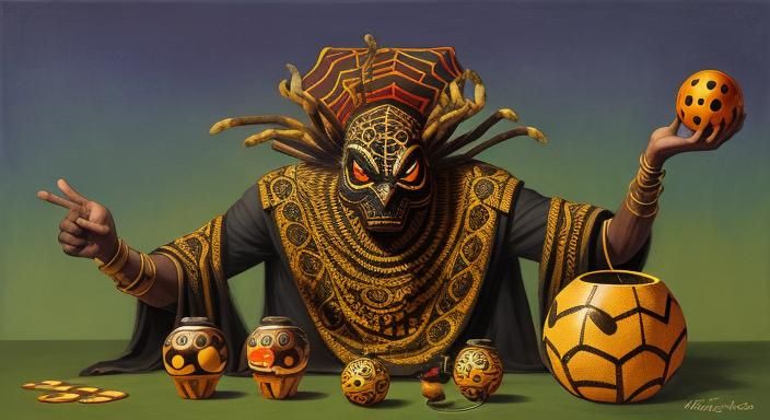 Wise Trickster Spider Sits Amidst a Calabash