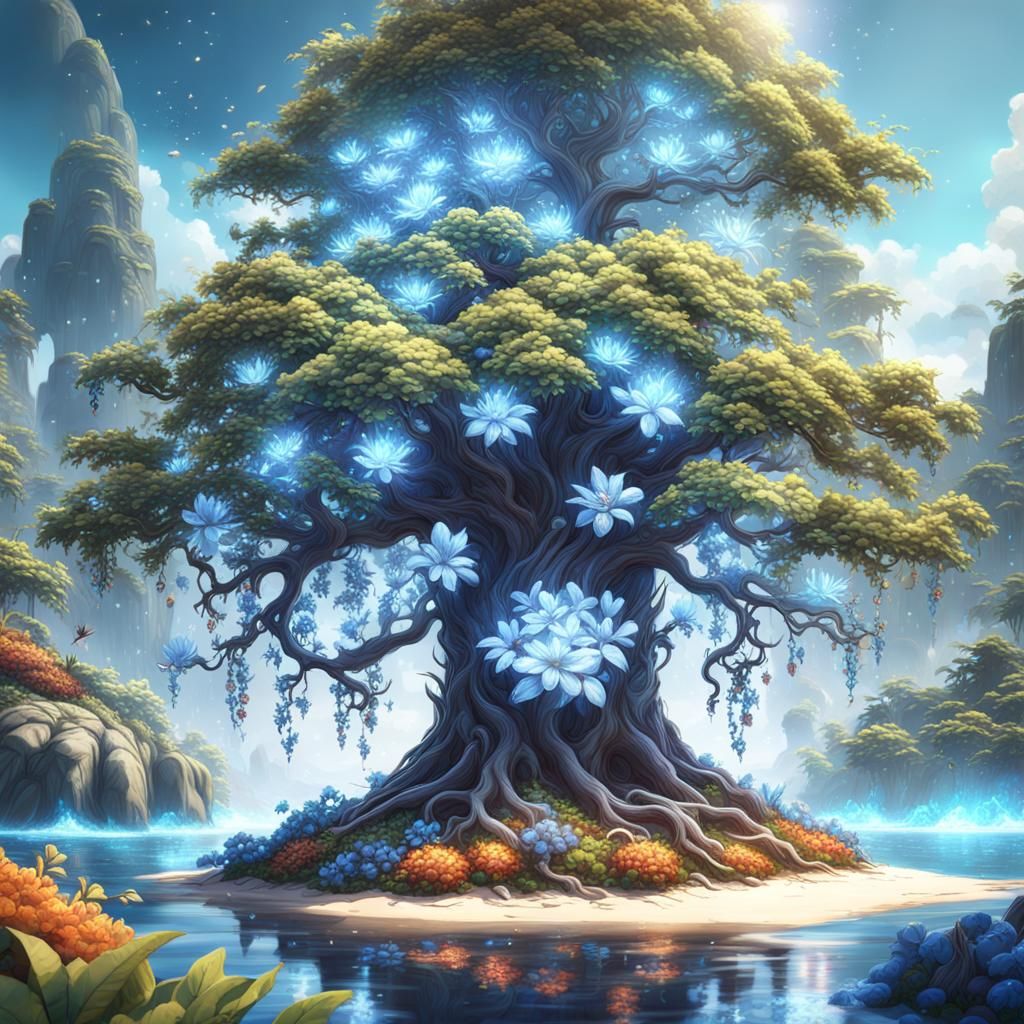 Glowing Blue Tree on Island: Fantasy Concept Art