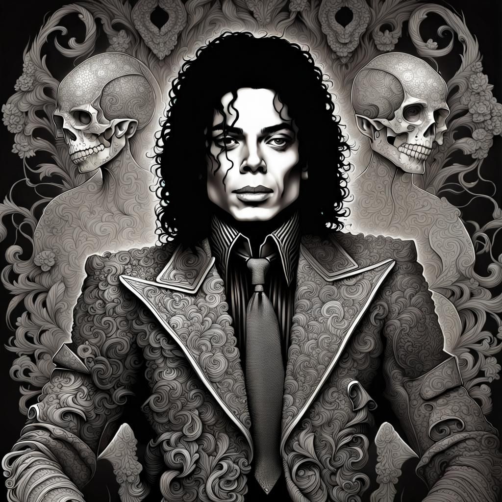 Michael Jackson, macrolens_bokeh; depth_of_field; line_art; maximalism; intricately_detailed; breathtaking portrait; hig...