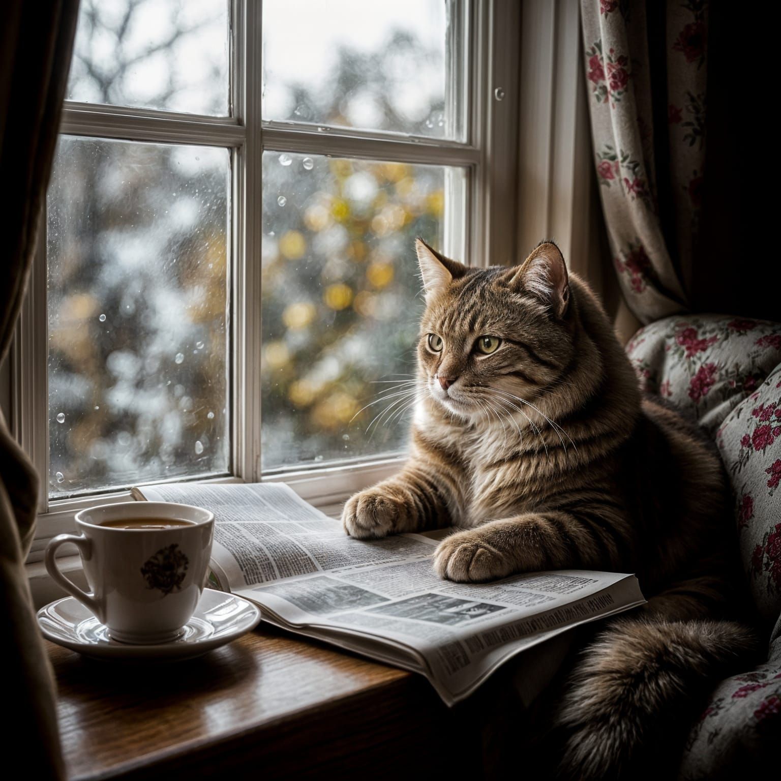 Cozy Cat Reading Newspaper in Vintage Setting