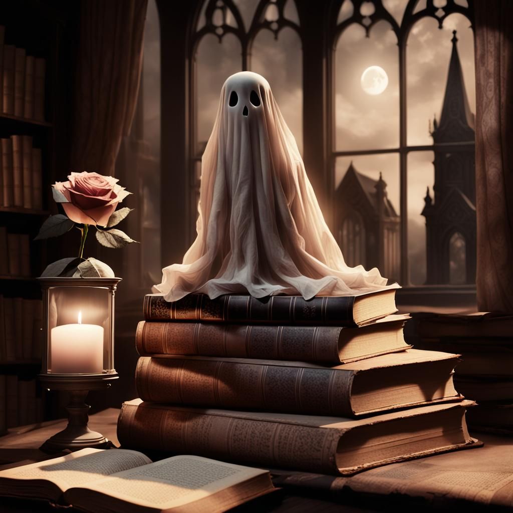 Romantic Gothic Ghost with Rose in Sepia