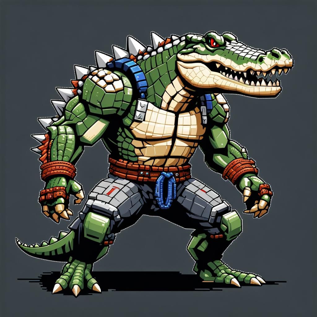 8-Bit Cyborg Crocodile Fighter in Pixel Art