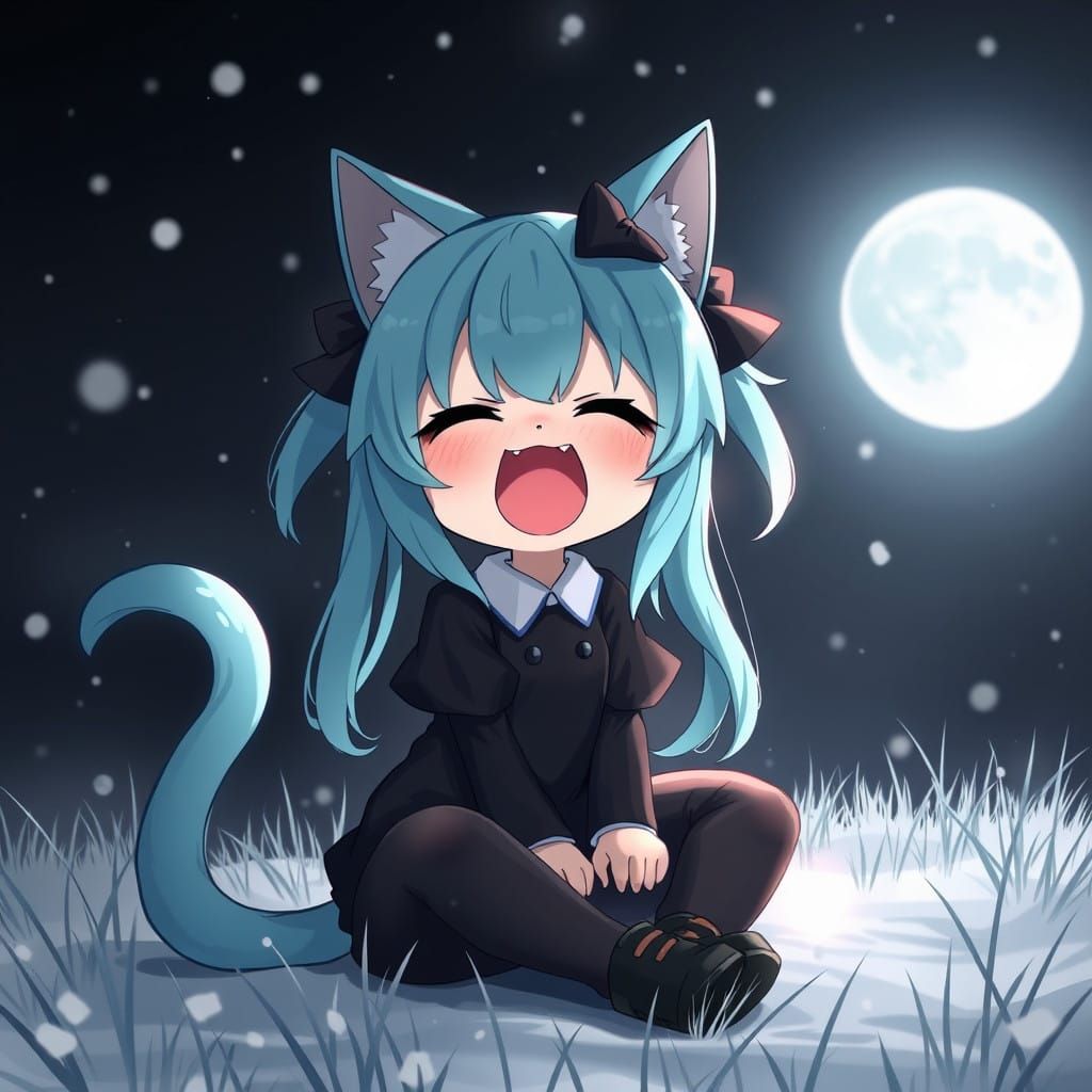 Anime Catgirl Yawns in Snowy Landscape with Full Moon