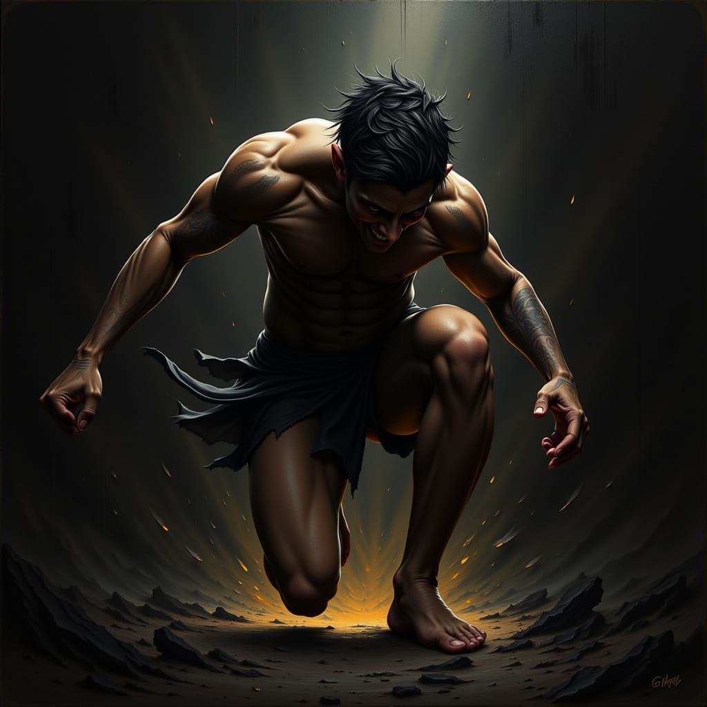 Defiant Struggle for Survival in Chiaroscuro Oil Painting