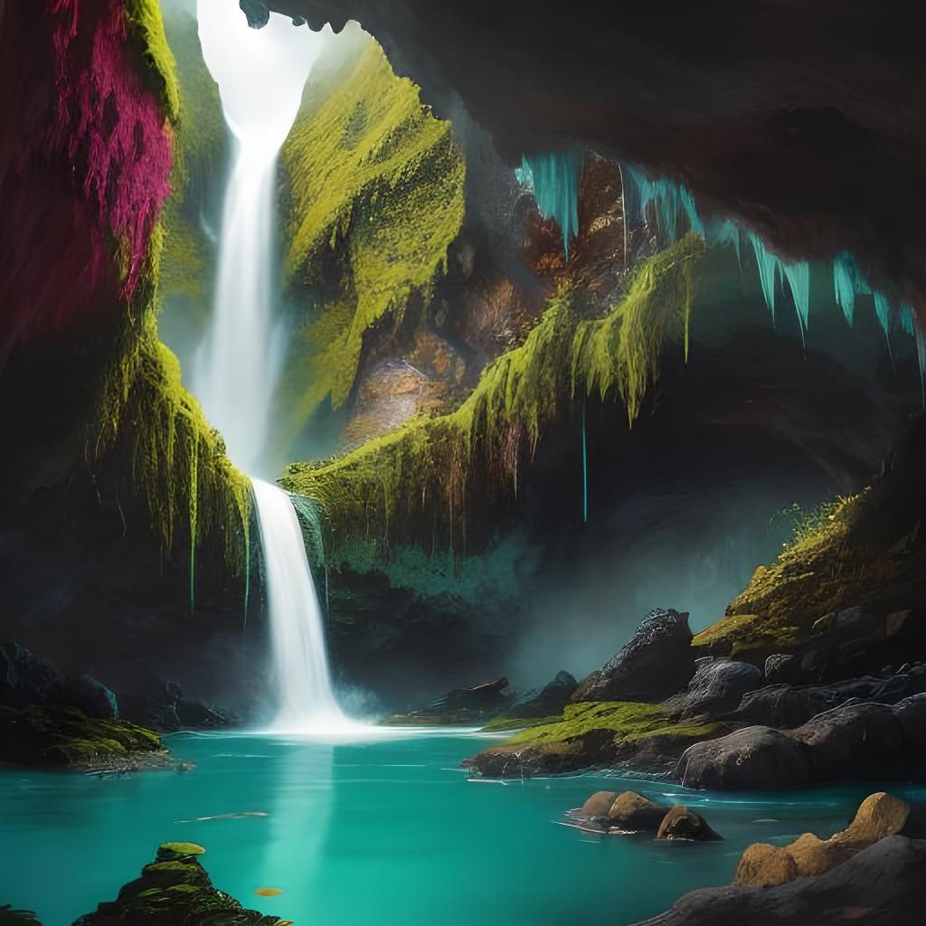 Colorful Waterfall in Lush Mountain Cave
