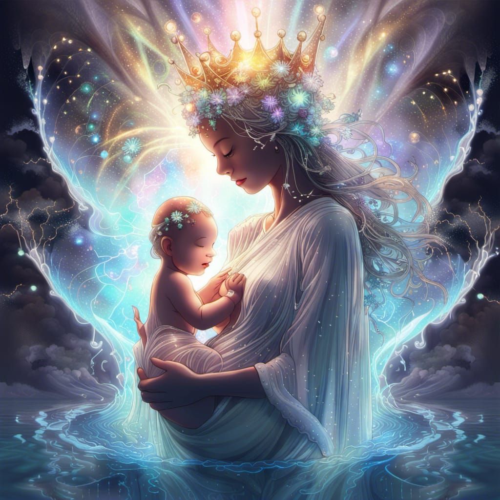 Fairy Goddess with Baby in Waterfall Scene