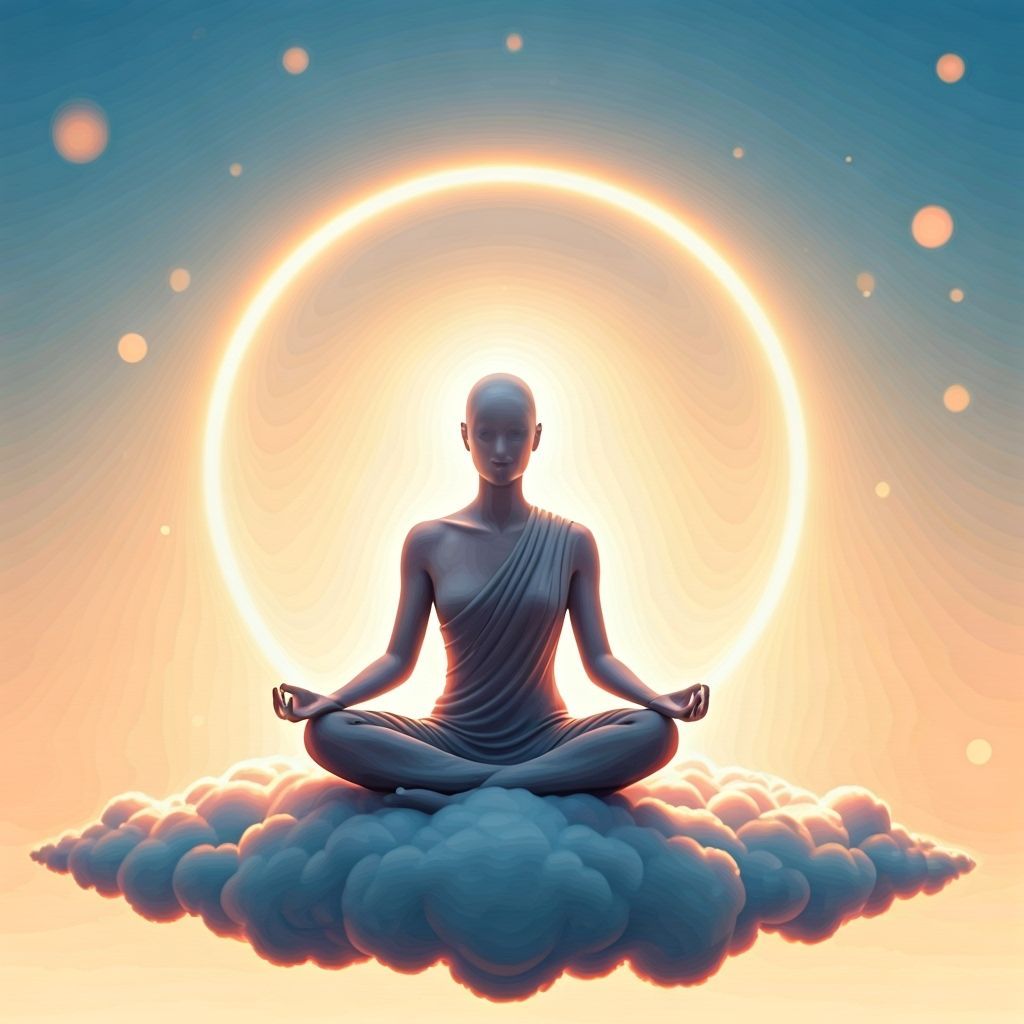 Meditating Figure in Glowing Pastel Aura on Cloud