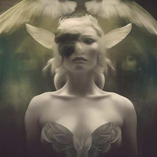 Infrared black and white photography,  Portrait of a  fairy woman with wings attavhed to back Close up portrait, ambient...