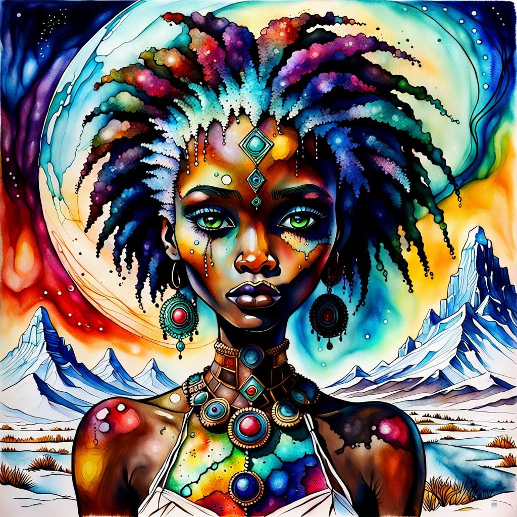 African Female Golem in Frozen Wasteland, Alcohol Ink