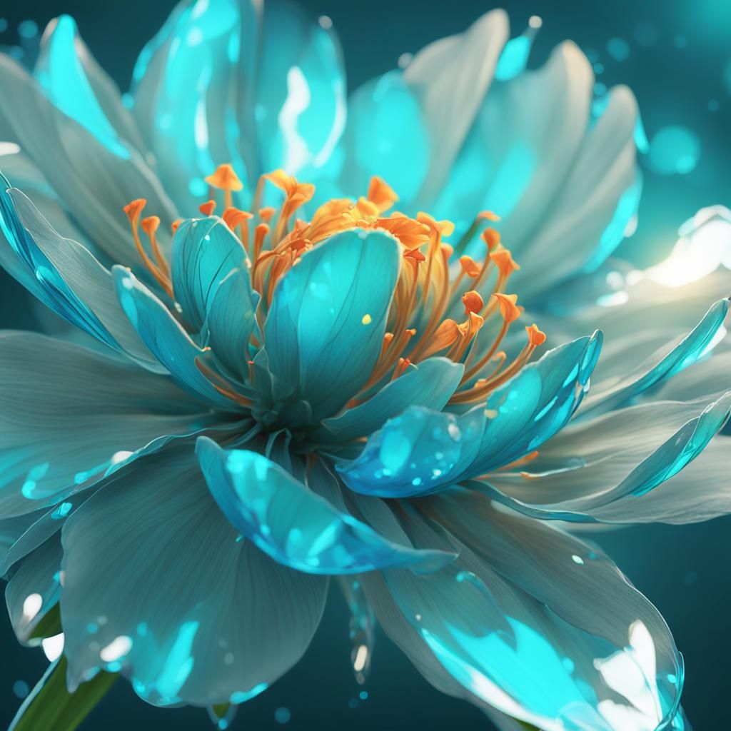 Blue to Turquoise Glowing Flower in 3D Anime Art