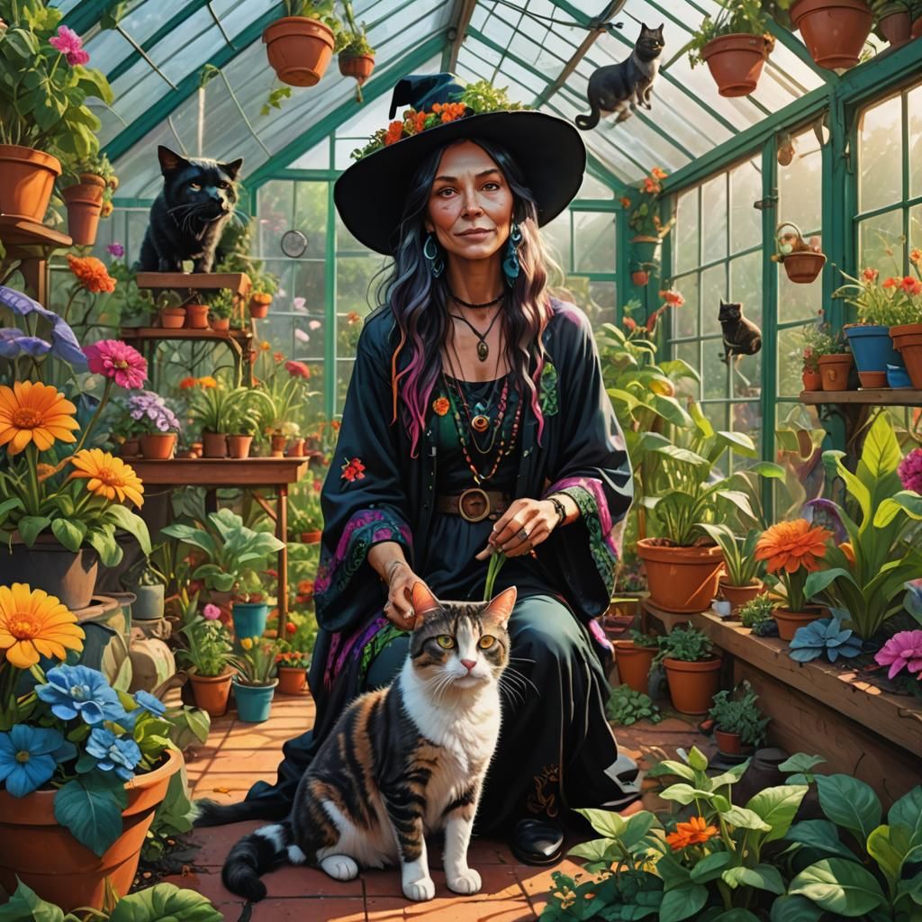 Humanoid Witch Gardening in Greenhouse: Splash Art