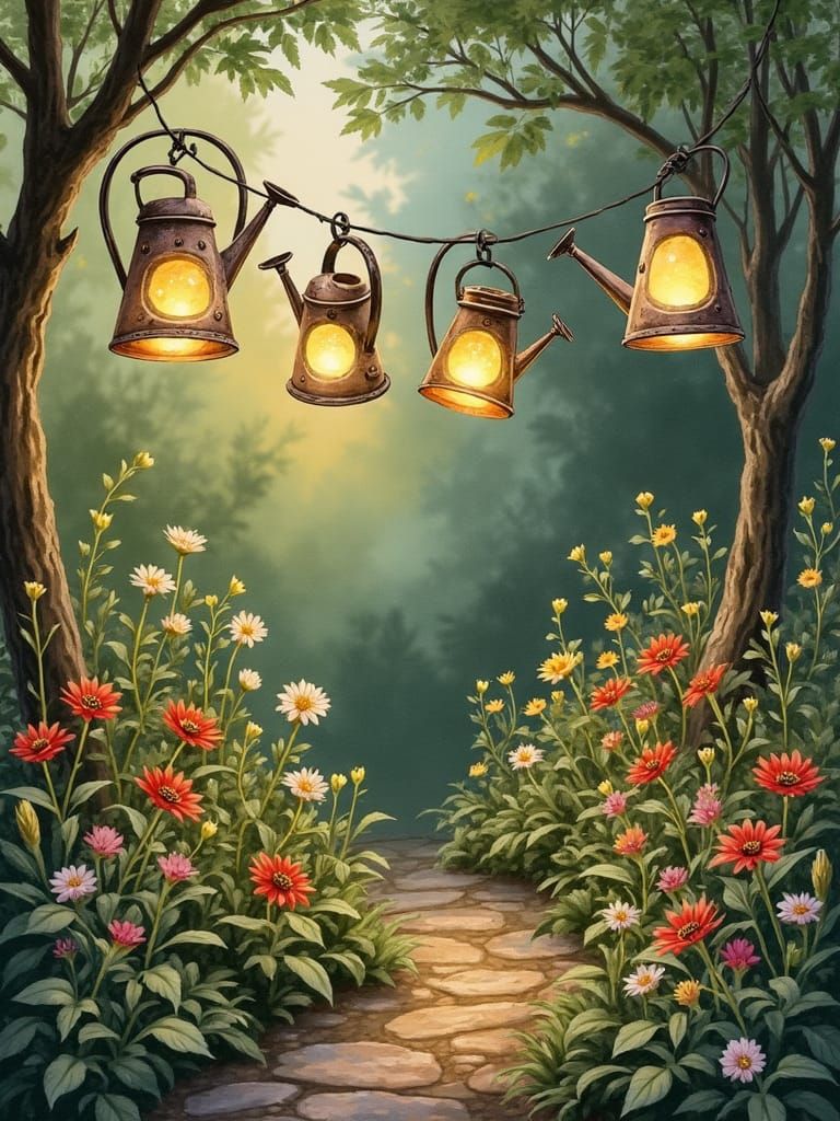 Magical Garden Lamps in Arthur Rackham Watercolour Style