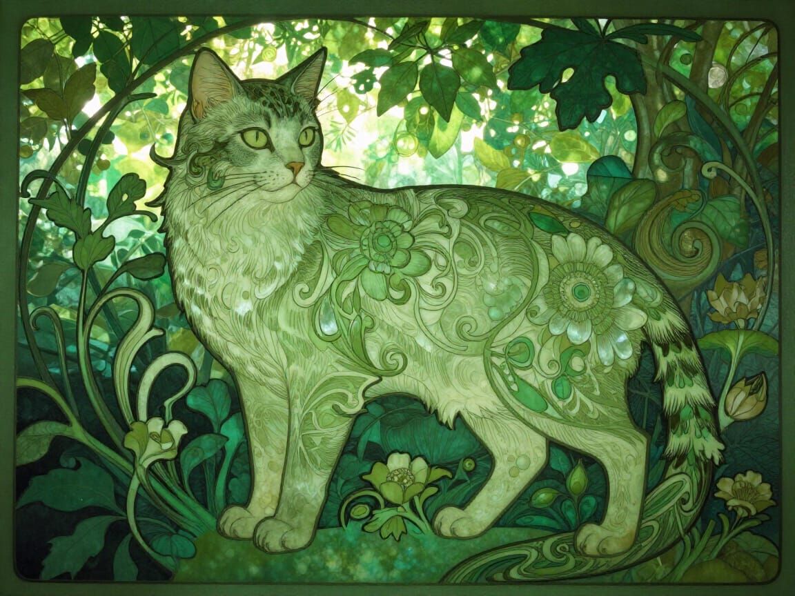 Art Nouveau Cat Adorned With Floral Motifs
