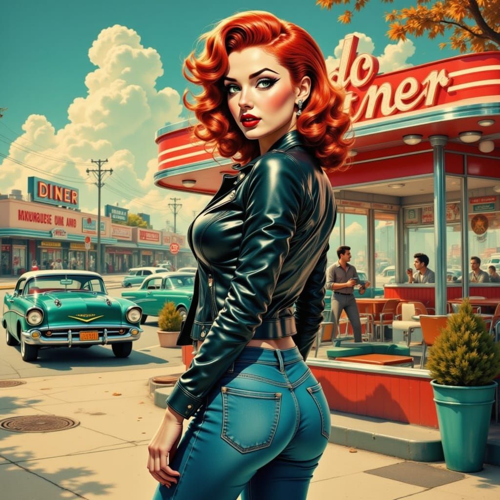 Redhead Girl in Leather Jacket at 50s Diner