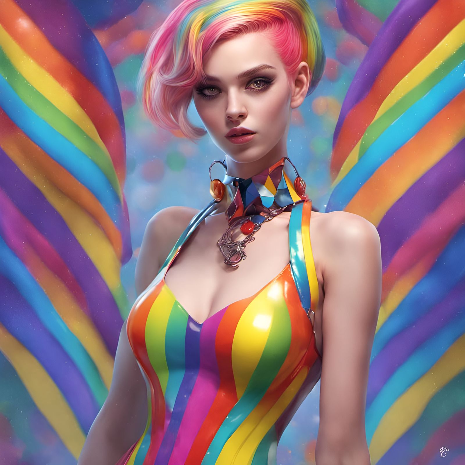 Girl in Rainbow Latex Dress, Manhwa Style