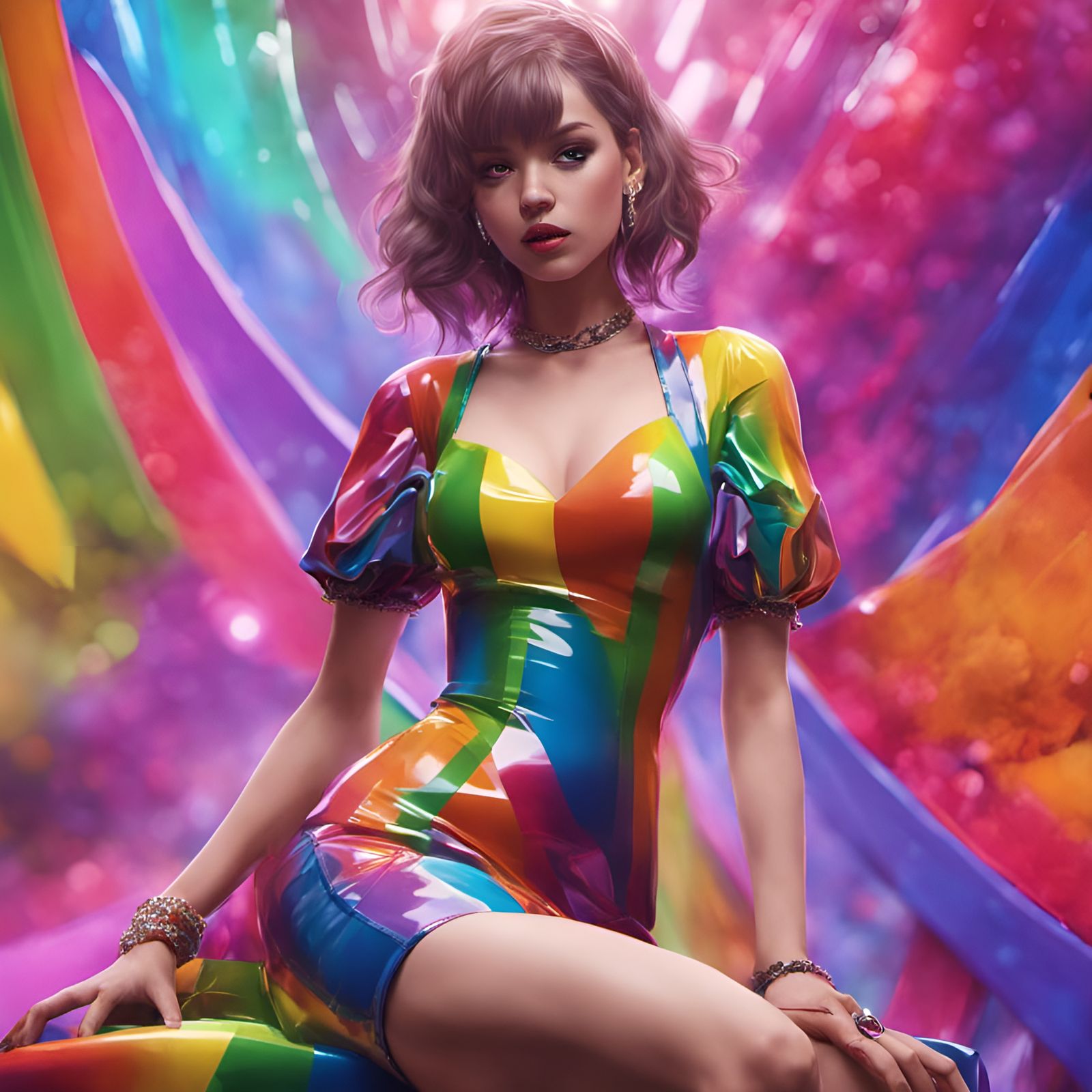 Girl in Rainbow Latex Dress, Manhwa Style
