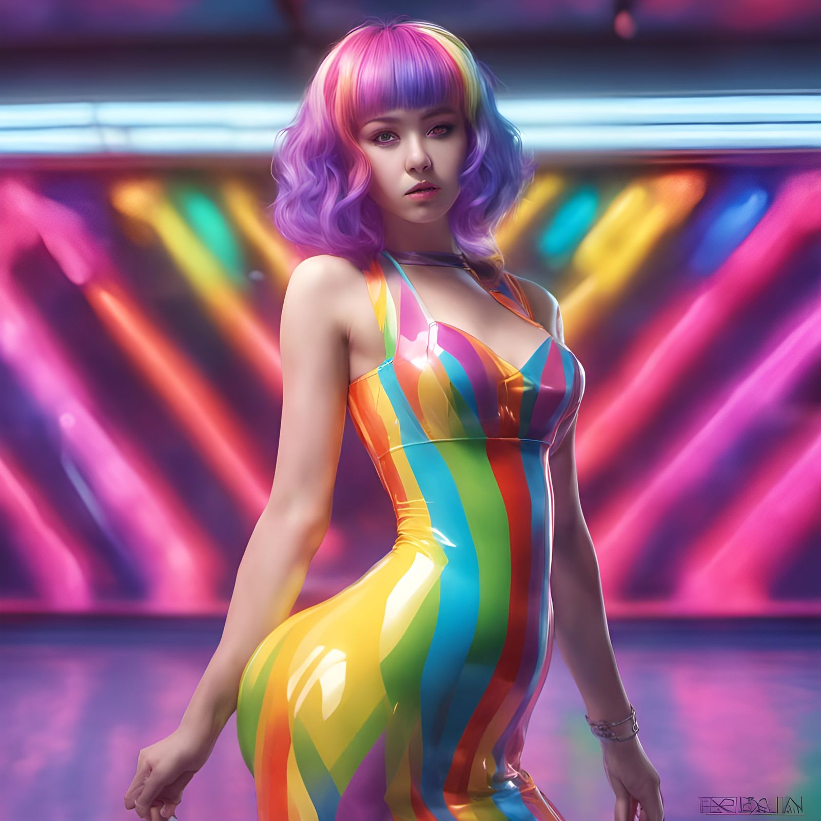 Girl in Rainbow Latex Dress, Manhwa Style