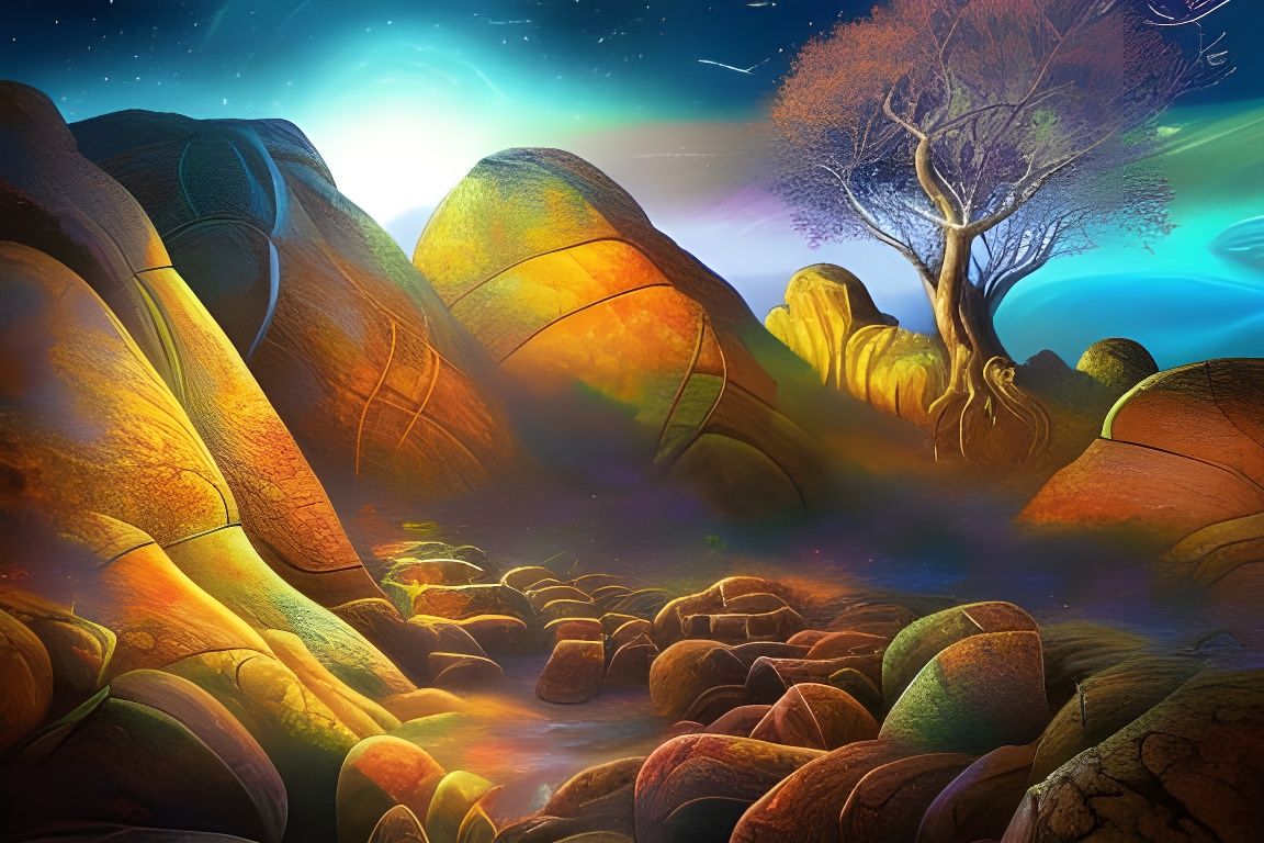 Personified Rocks Wander in Night Landscape